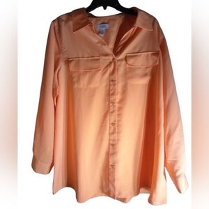 D & Co Womens Peach Button Up Shirt Size 1X Office Vacation Lagonlook Resortwear